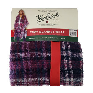Woolrich NWT Cozy Blanket Wrap Purple Blue Plaid Fringe One Size Lounge Wear